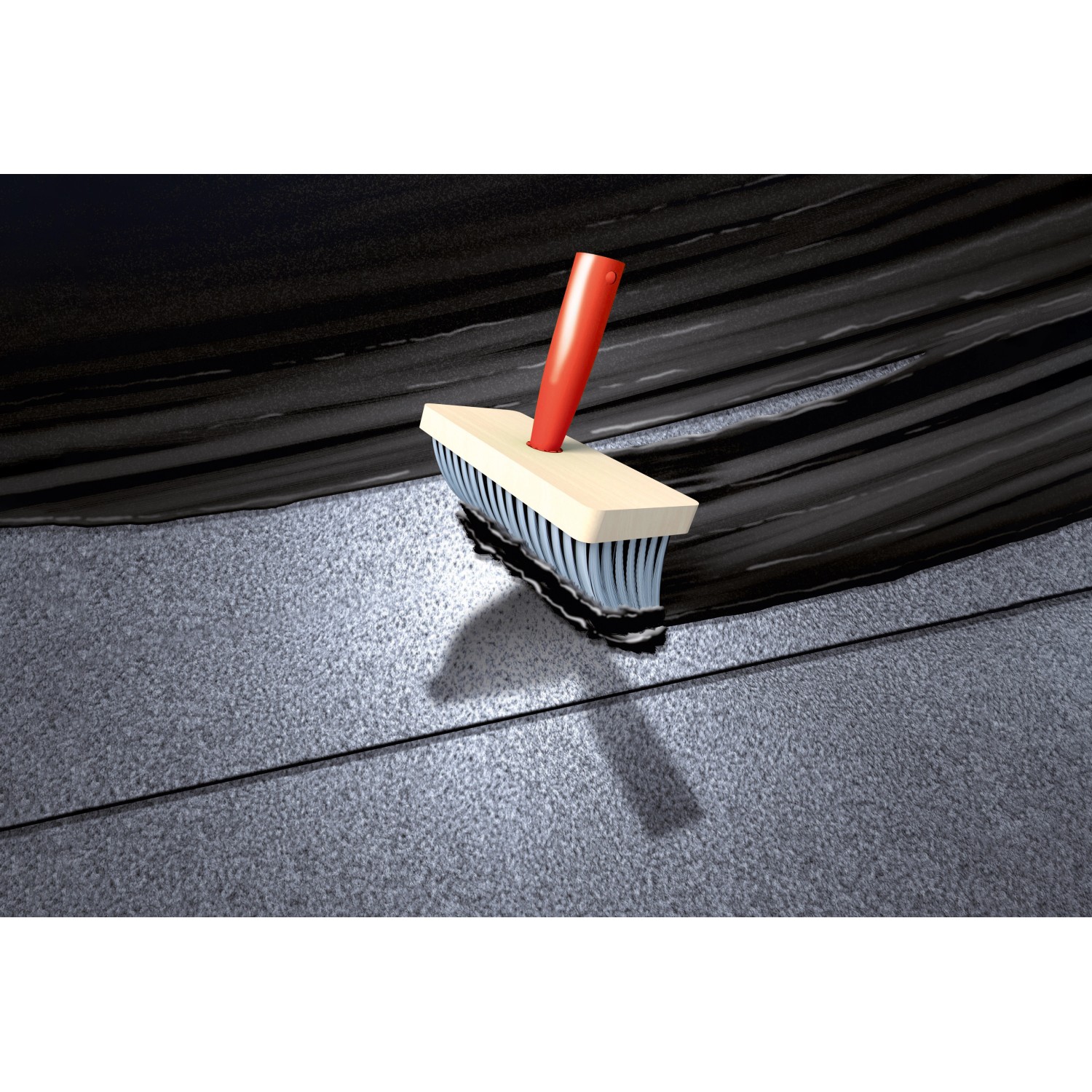 Auftragen der MEM Dach-Abdichtung mit einem Quast. Die schwarze Bauabdichtung schützt Dächer und Keller.