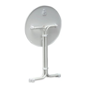 Zusammengeklappter, runder, weißer Stehtisch (80 cm) von Best Freizeitmöbel. Gartentisch mit Stahlgestell.