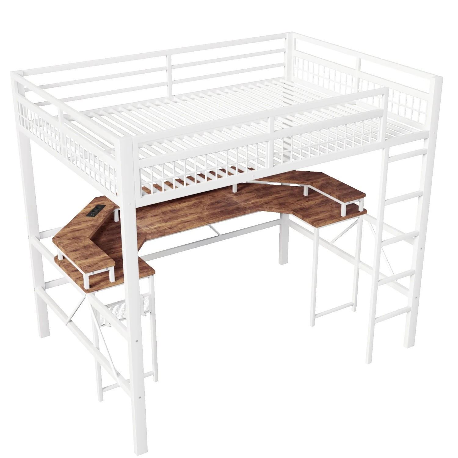 okwish Metall Hochbett 140x200cm mit LED Schreibtisch USB Type C Weiß ohne Matratze
