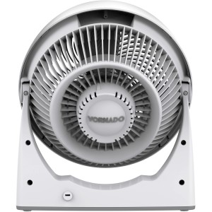 Weißer Vornado Energy Smart 633DC Ventilator von hinten, mit Rotorblättern und Gehäuse.
