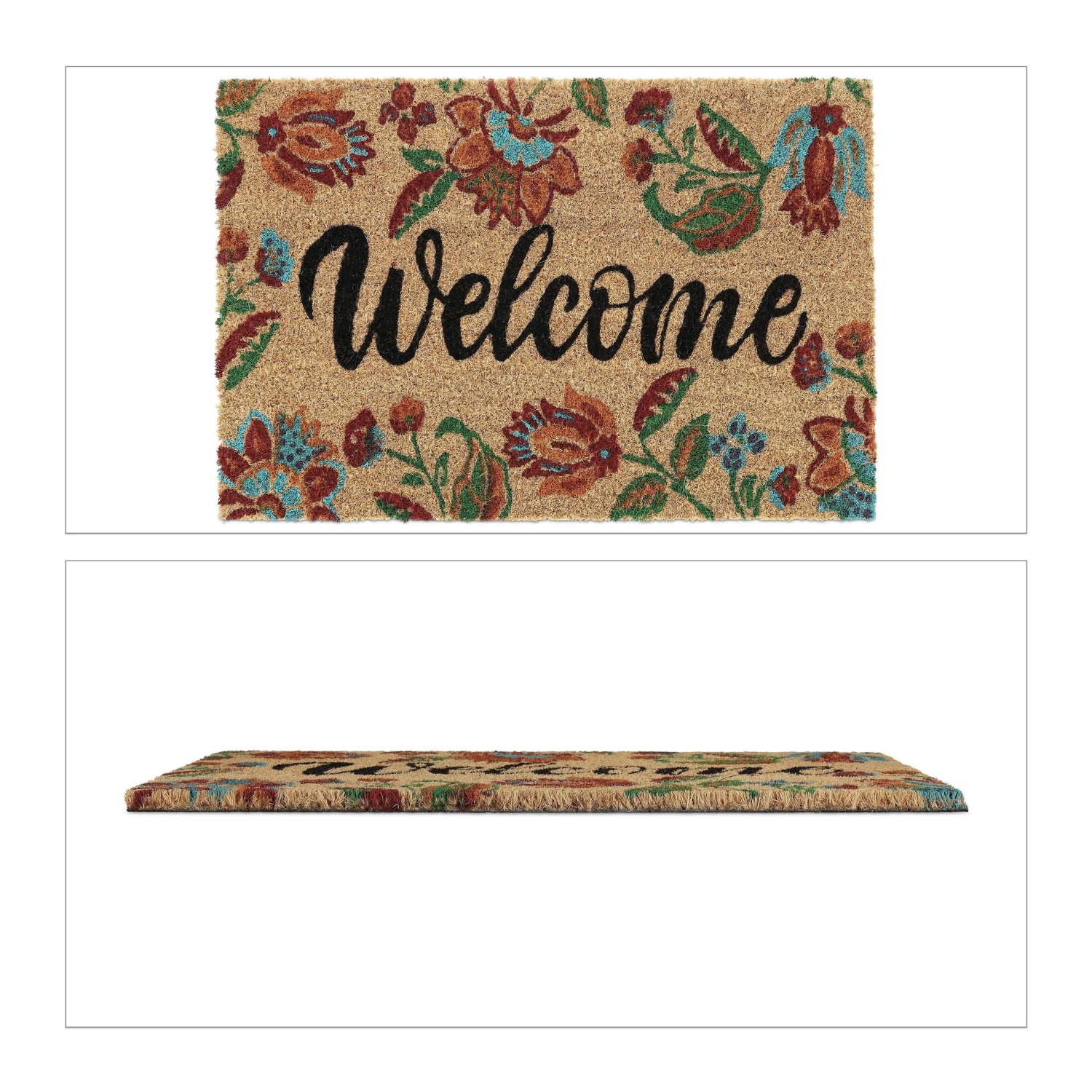 Relaxdays Fußmatte Kokosfaser PVC Mehrfarbig Rutschfest für Innen und Außen 60 cm x 40 cm x 1,5 cm 1,4 kg