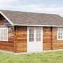 Unbehandeltes Alpholz Gartenhaus Arizona mit Satteldach und Anbaudach.