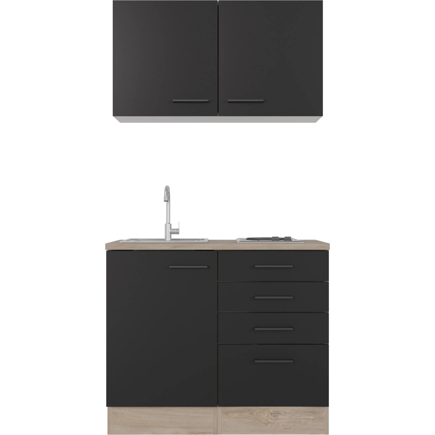 Flex-Well Miniküche Capri, 100 cm, Schwarz/Eiche: Singleküche mit Spüle, Kochfeld und Hängeschrank.