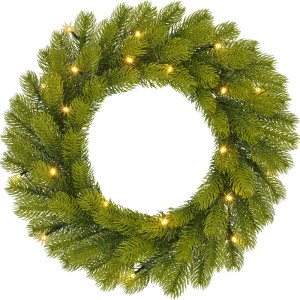 Grüner Nagano Kunsttannenkranz aus PE, 45 cm Durchmesser, mit warmweißer LED-Beleuchtung für Innenräume.