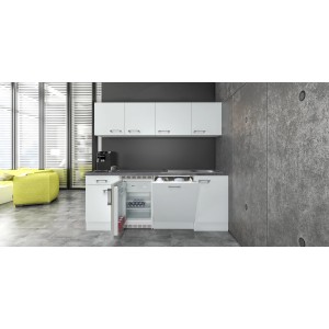Flex-Well Exclusiv Büroküche Joelina, 210 cm, Weiß mit Spüle, Kühlschrank und Geschirrspüler.