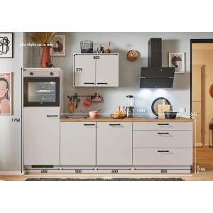 Moderne pino Küchenzeile in Kaschmirgrau, 250 cm breit, mit Geräten und Eichen-Arbeitsplatte.