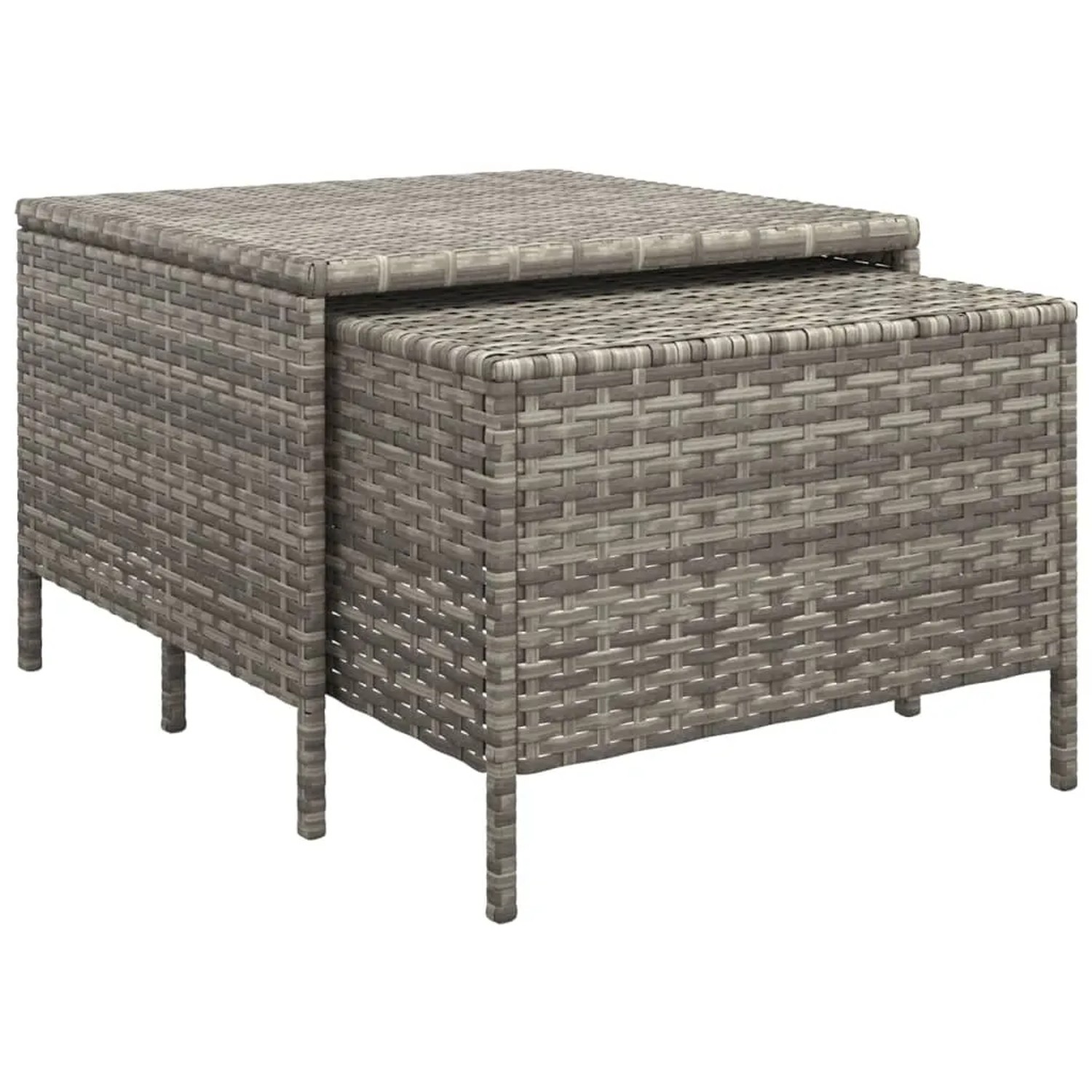 Graues vidaXL Gartenmöbel-Set aus Polyrattan, bestehend aus zwei Hockern/Tischen.