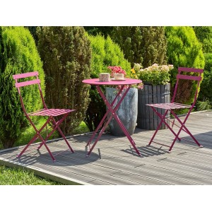 Burgunderrotes Bistro Set FIORI: Gartentisch mit zwei Stühlen aus Stahl, klappbar und platzsparend.