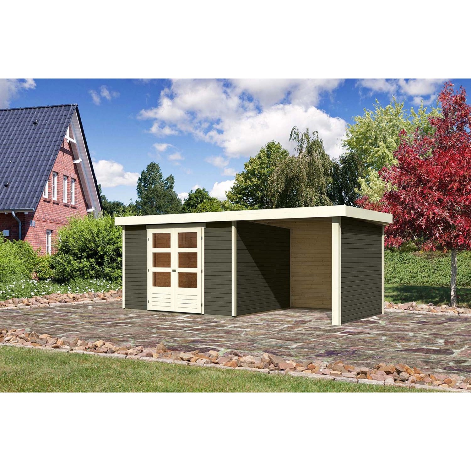 Karibu Holz-Gartenhaus Boras Terragrau Flachdach Lackiert 298 cm x 242 cm günstig online kaufen