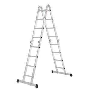 Juskys Multifunktionsleiter aus Aluminium, 4,7 m, als Bockleiter aufgestellt.