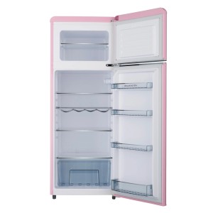 Offene, pinke Wolkenstein Retro Kühl-Gefrierkombination GK212.4RT mit Glasablagen und Türfächern.