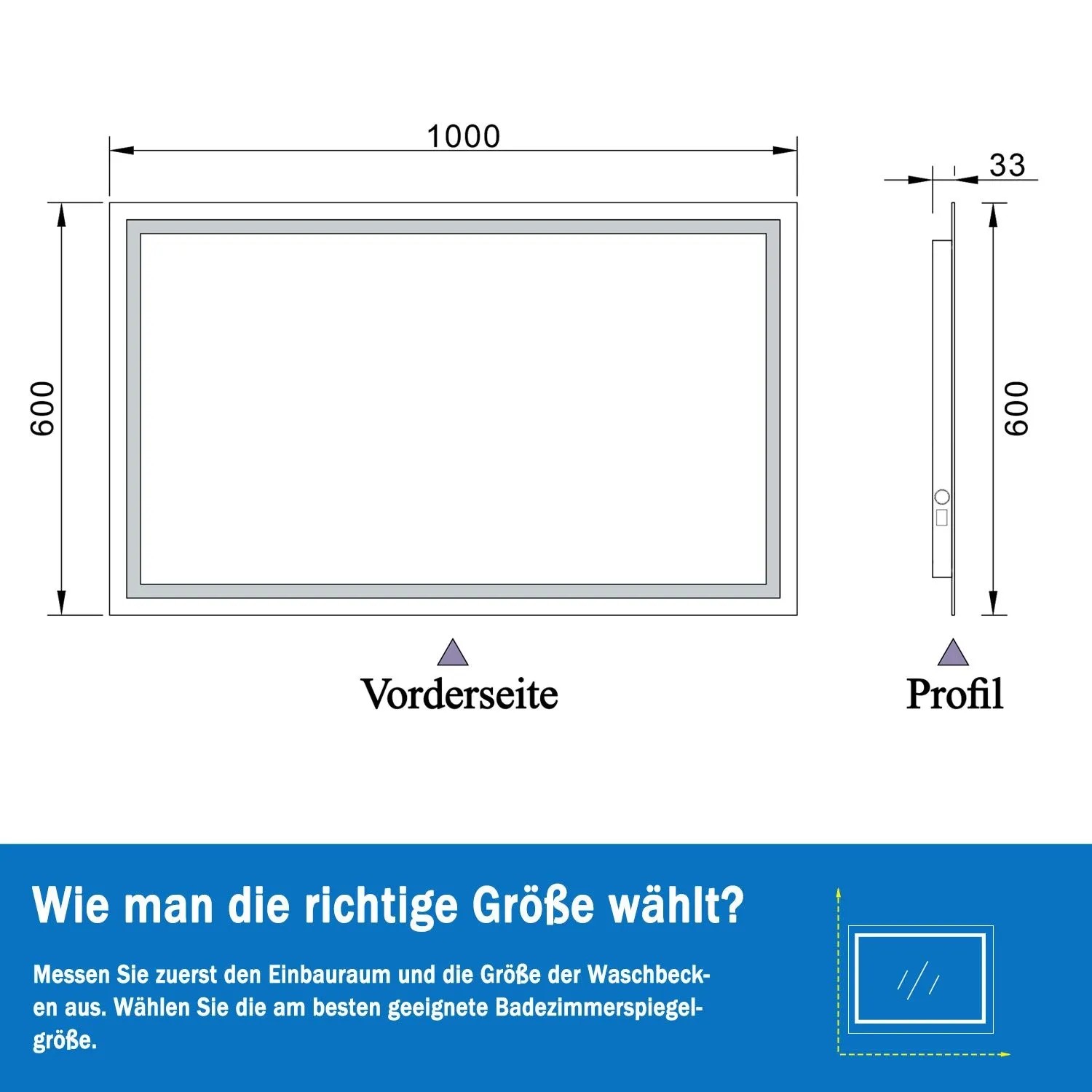 Technische Zeichnung Aica Sanitär Badspiegel 100x60 cm mit LED Beleuchtung, Maße und Profilansicht.