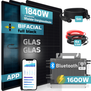 SUNNIVA Balkonkraftwerk 1840W mit bifazialen Solarmodulen, Wechselrichter, Kabeln und App-Steuerung.