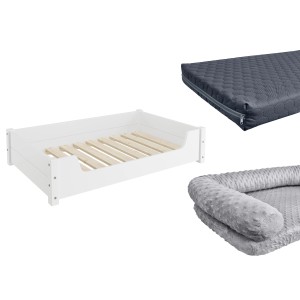 Weißes Hundebett aus Kiefernholz mit Rollrost, Matratze und Polster für große Hunde.