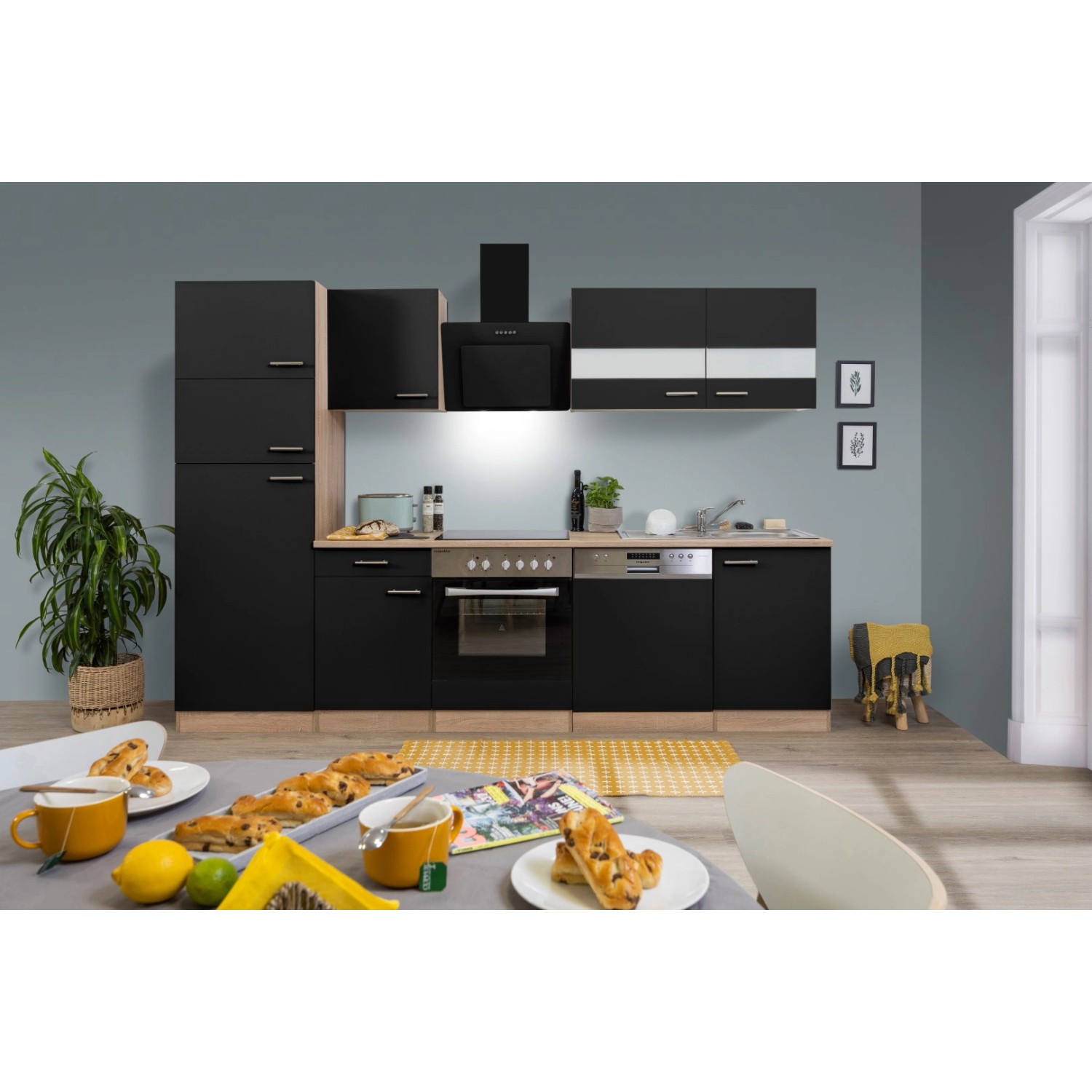 Respekta Küchenzeile/Küchenblock KB280ESSCGKE 280 cm Schwarz-Eiche Sägerau Nachbildung