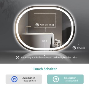 Ovaler Emke Badspiegel 70x50 cm mit LED-Beleuchtung, Dimmfunktion und Beschlagfrei-Technologie.