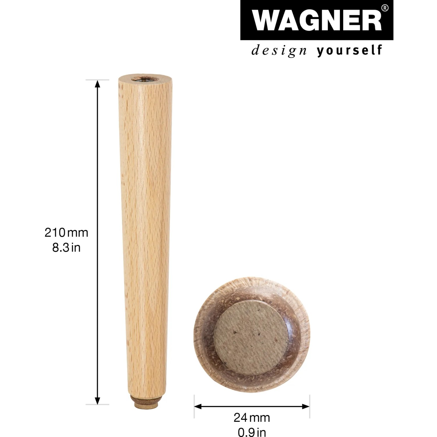Wagner Möbelbein Wood, Buche natur, 21 cm hoch, mit Gleiteinsatz für schonenden Möbelbau.