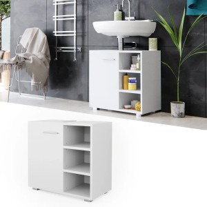 Vicco Waschbeckenunterschrank Perry, weiß, 60 cm breit, mit Tür und offenen Regalen.