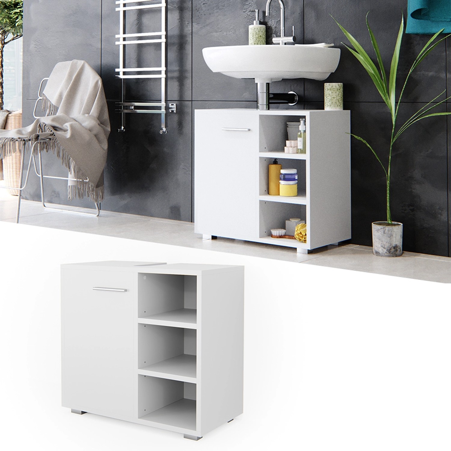 Vicco Waschbeckenunterschrank Perry, weiß, 60 cm breit, mit Tür und offenen Regalen.