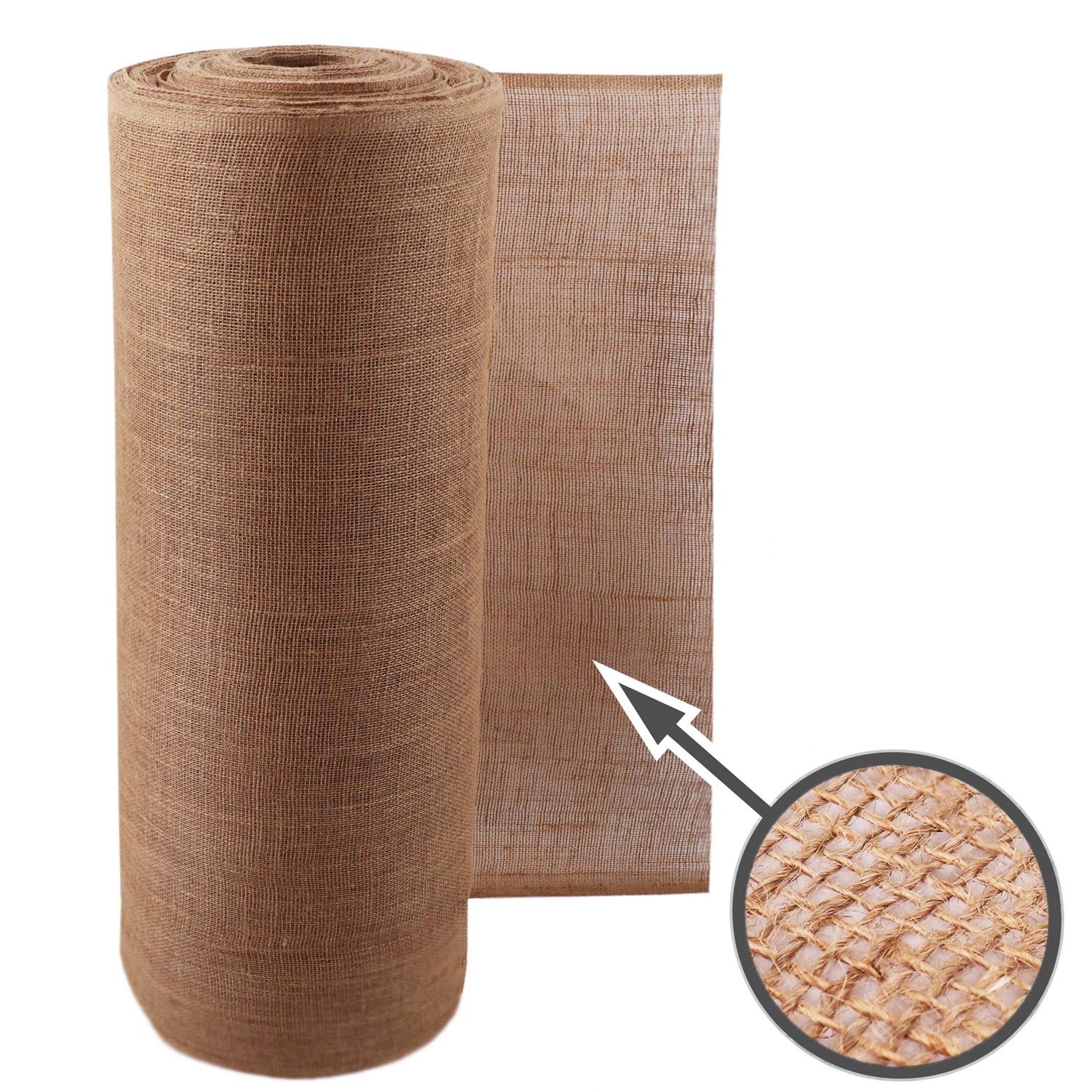 Aquagart Jutegewebe (10m x 1m, 215g/m²) als Frostschutz & Deko. Rolle Jute Stoff mit Detailansicht der Webstruktur.