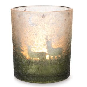 Grün-silbernes Windlichtglas mit Hirschmotiv, ideal als Weihnachtsdeko für Teelichter.