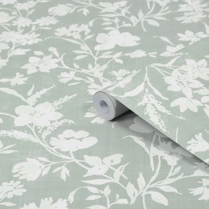 Laura Ashley Vliestapete Rye Sage Green mit floralem Muster, Rolle angeschnitten.