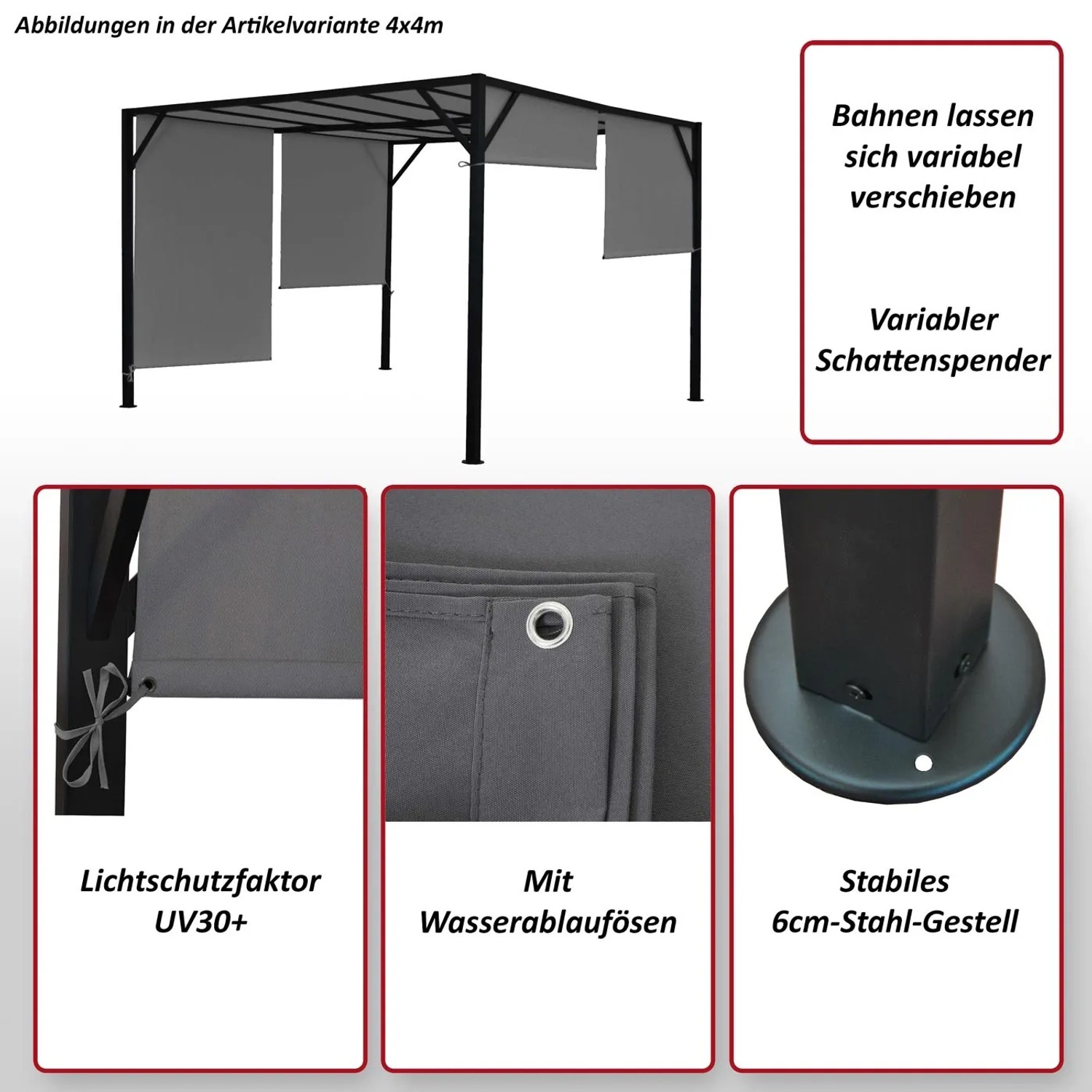 Graue MCW Pergola Beja 4x4m mit stufenlos regulierbarem Schiebedach und Stahlgestell.