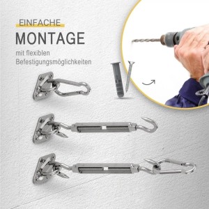 Sol Royal Befestigungsset für Sonnensegel aus Edelstahl mit Spannschrauben, Haken und Dübel.