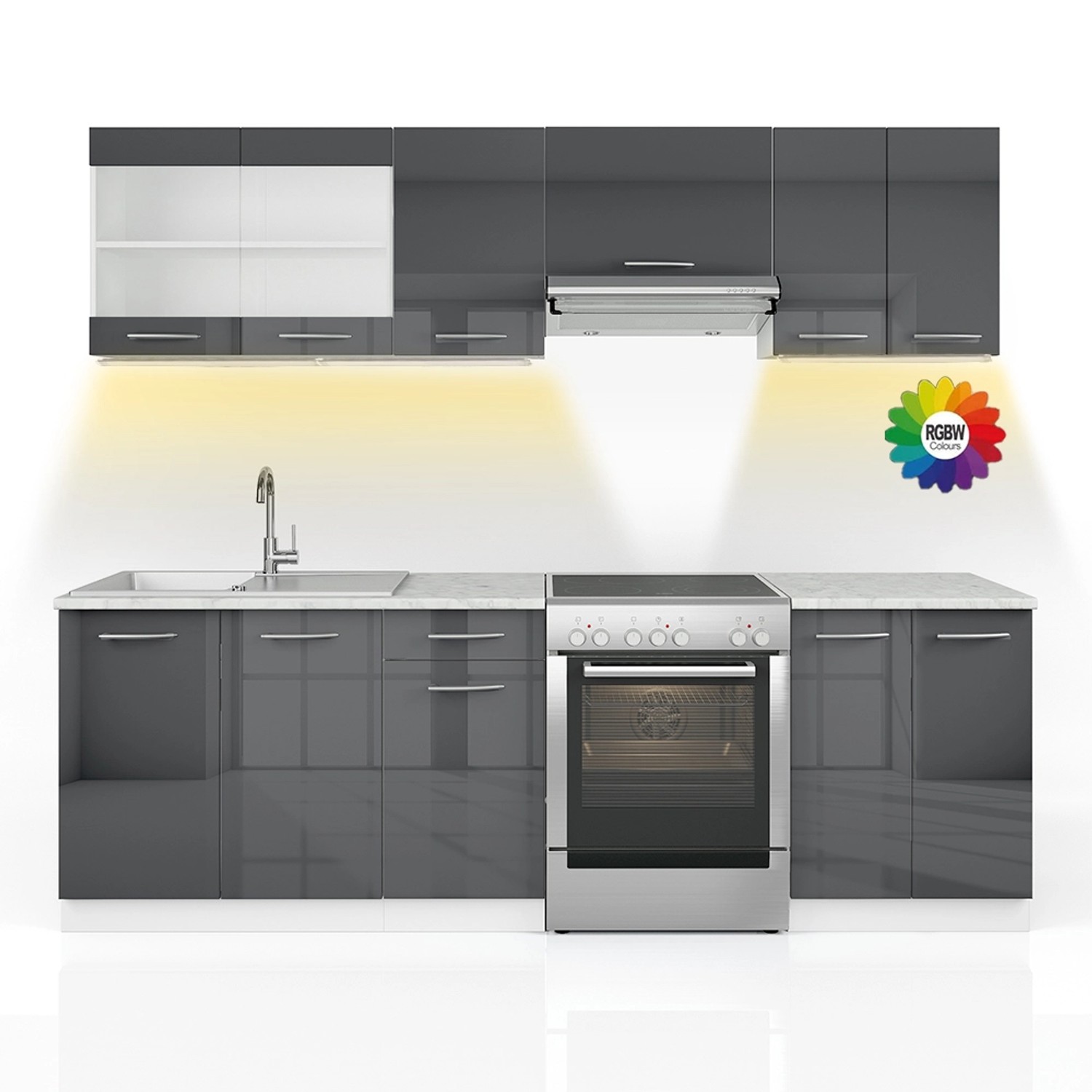 Vicco Raul Küchenzeile Anthrazit 240 cm AP Marmor mit LED-LeistenRaul günstig online kaufen