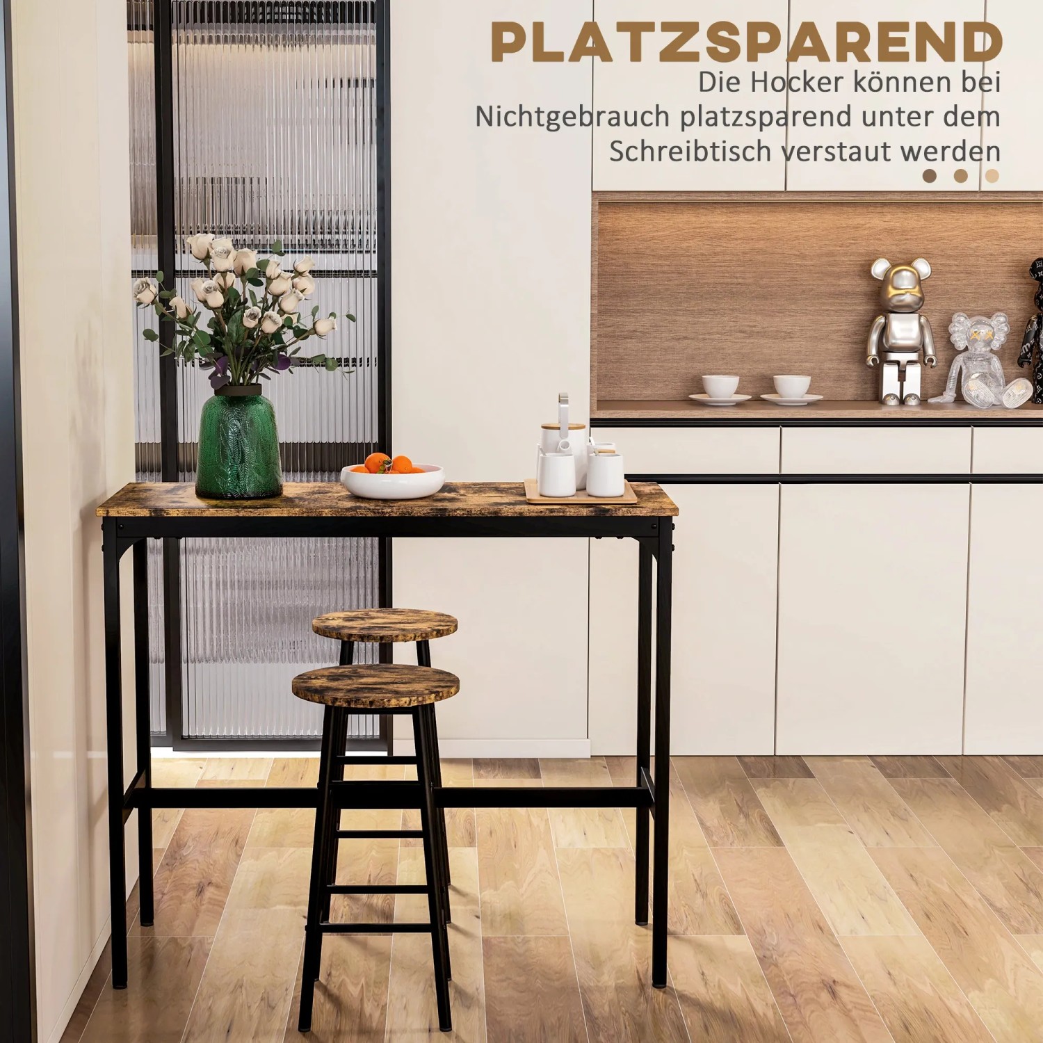 HOMCOM Bartisch-Set im Industrie-Design mit Tisch und zwei Barhockern in Rustikal-Braun.