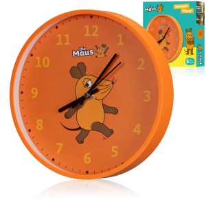Orangefarbene Kinderwanduhr mit Maus-Motiv, Ø 25 cm. Ideal zum Lernen der Uhrzeit.