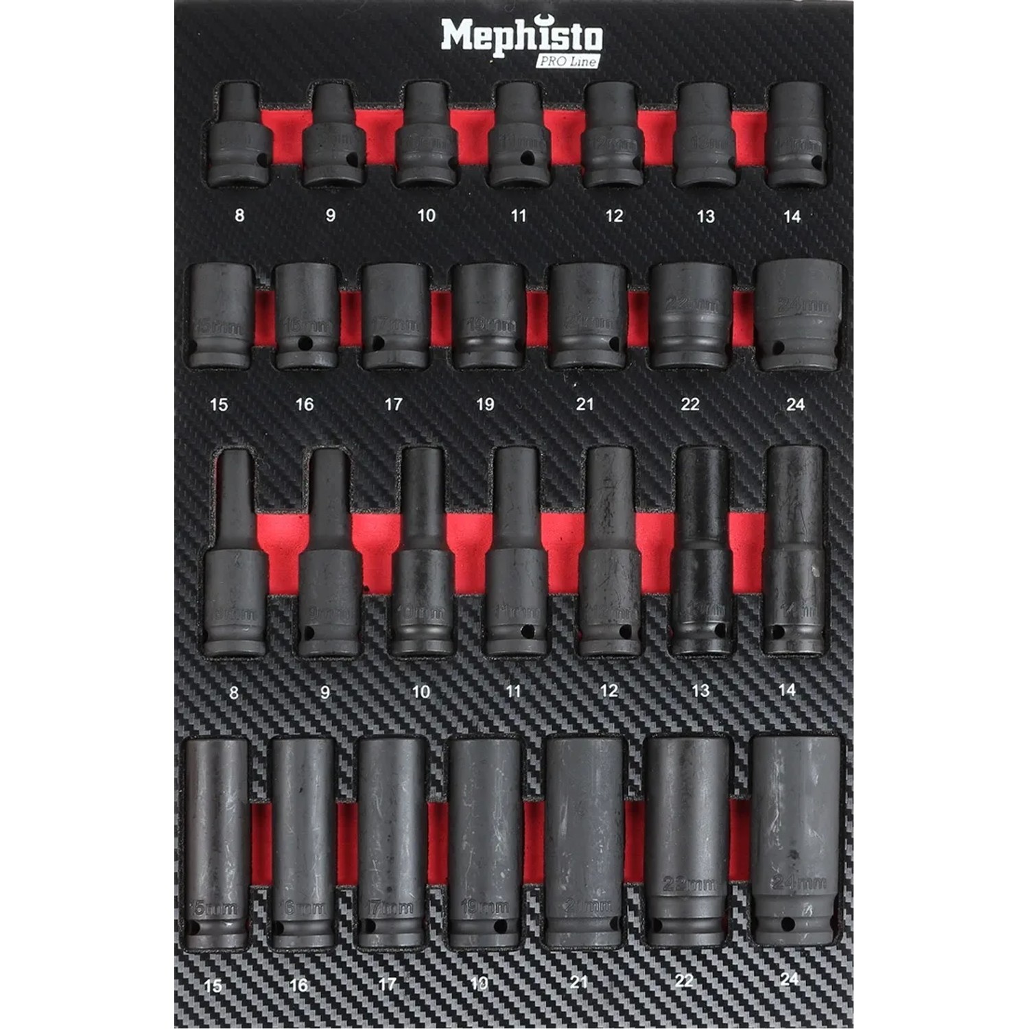 Mephisto Pro-Line Werkzeugwagen: Detailaufnahme von Stecknüssen in Carbon-Optik Einlage.