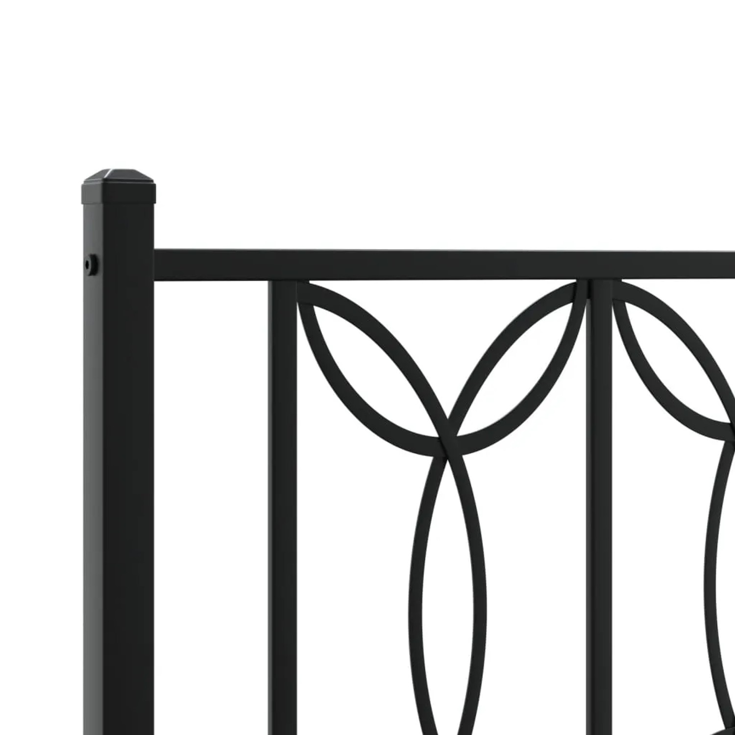 Detailansicht: Schwarzes Metall Bettgestell mit Kopfteil im modernen Design.