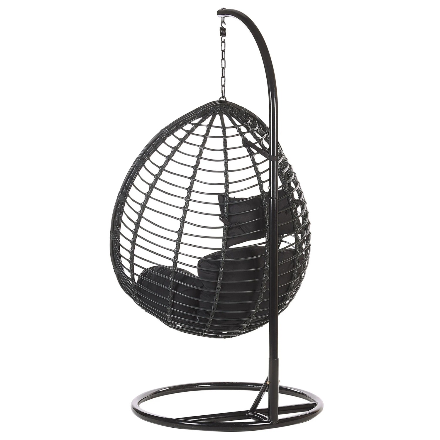 Schwarzer Beliani Hängesessel (97x106x199) mit Rattan-Korb und Stahlgestell.