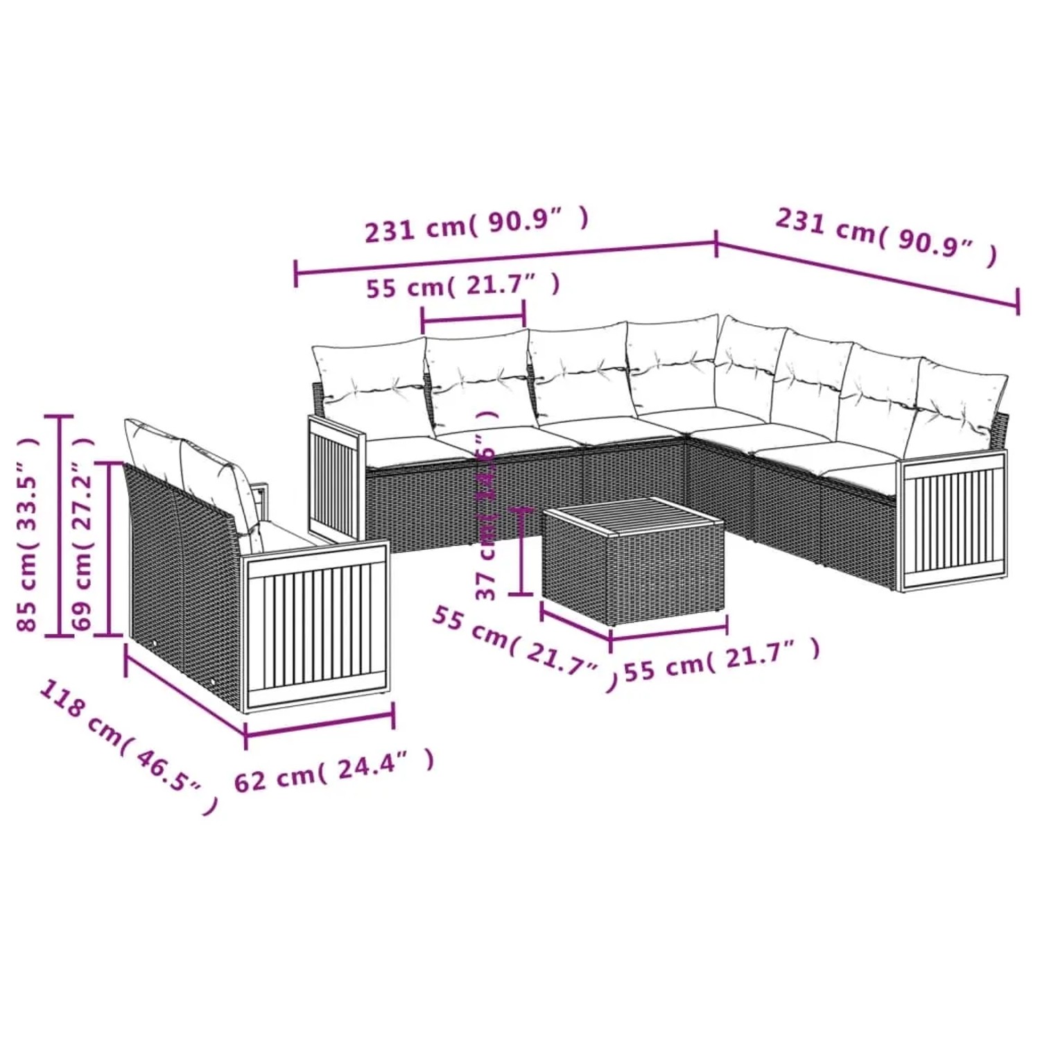 vidaXL 10-tlg. Garten-Sofagarnitur Beige Poly Rattan mit Maßen als Schemazeichnung.