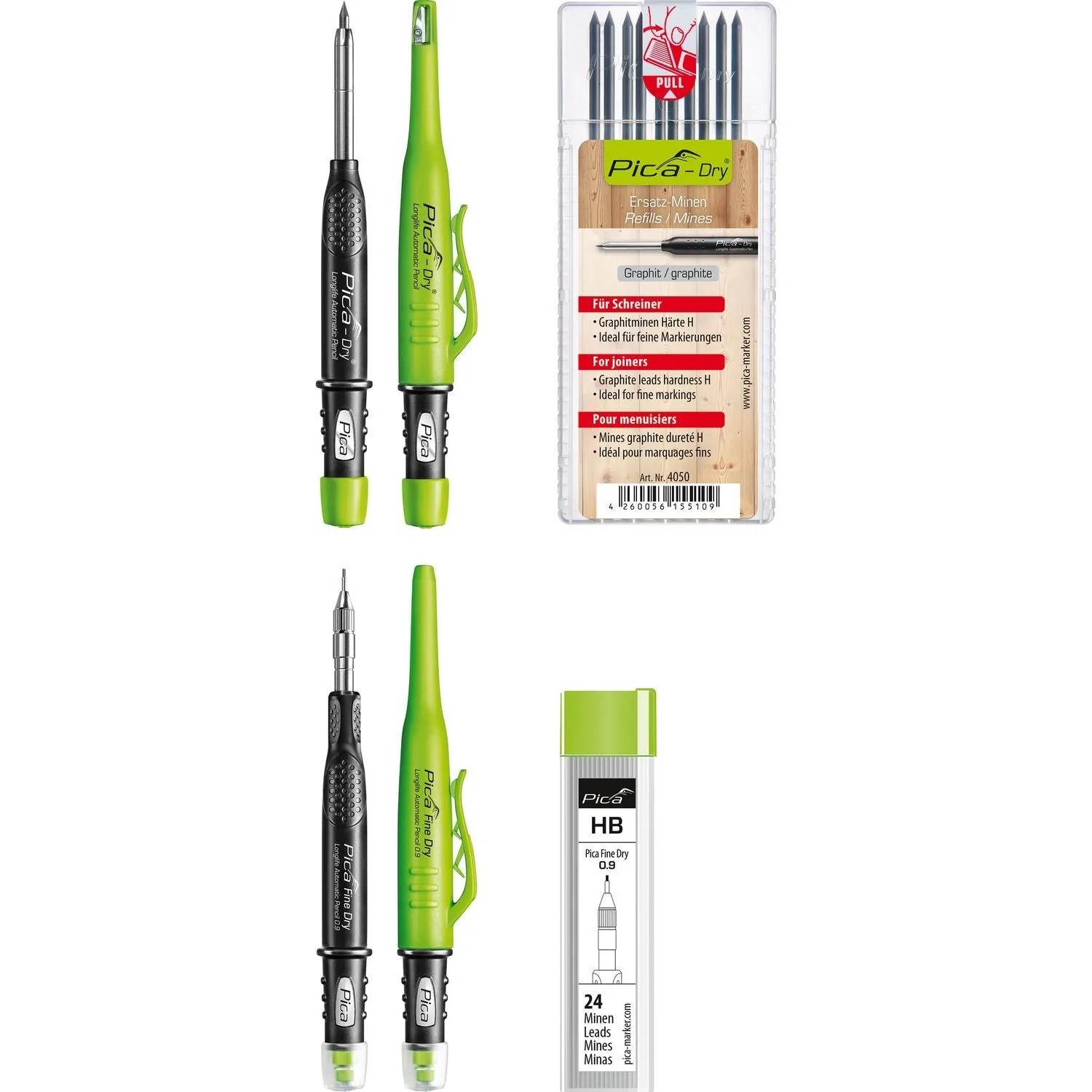 Pica Dry & Fine Dry Tieflochmarker Graphit & Ersatzminen Graphitminen H & Hb 4-Teilig