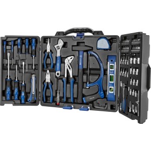 LUX-TOOLS 89-teiliger Werkzeugkoffer geöffnet, mit Schraubendrehern, Zangen, Hammer, Ratsche und Bits in blau-schwarzem Kunststoffkoffer.