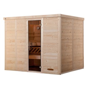 Weka Massivholzsauna Kemi 5 Sparset mit Glastür und Bio-Ofen, naturbelassenes Fichtenholz.