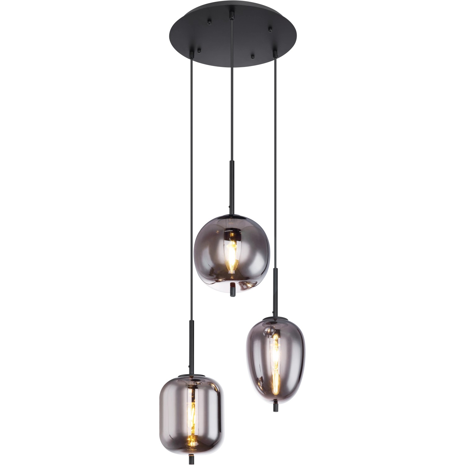 Globo Pendelleuchte Blacky, 3-flammig, schwarz mit rauchfarbenen Gläsern.