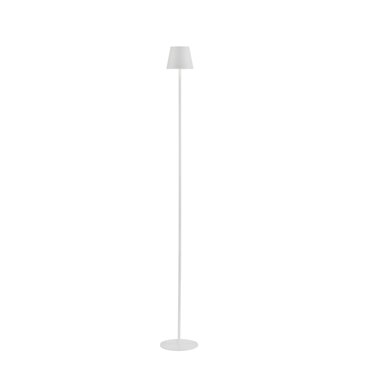 Weiße LED-Akku-Stehleuchte Euria, 125 cm hoch, für Innen- und Außenbereiche.