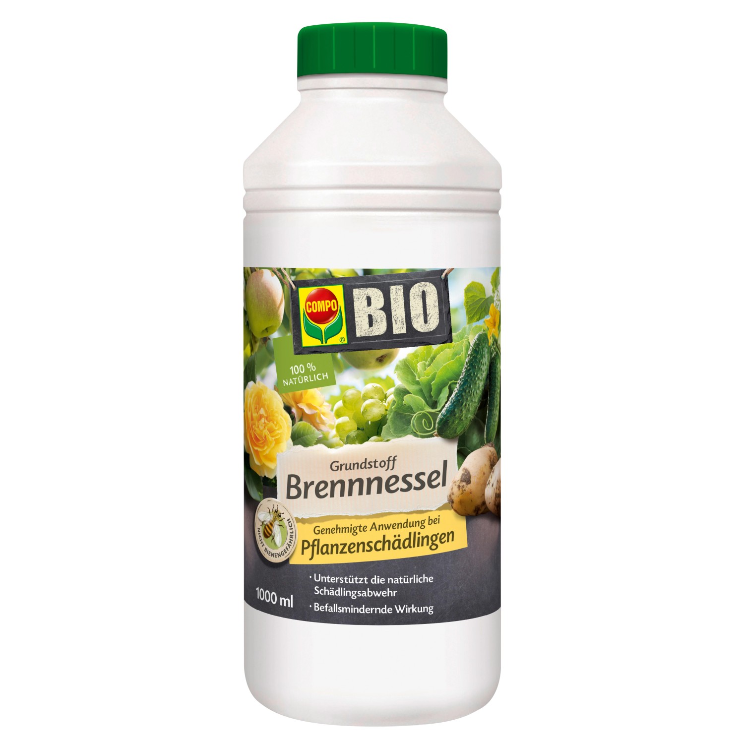 Compo Bio-Grundstoff Brennnessel 1 l Flasche zur biologischen Schädlingsbekämpfung.