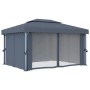 Anthrazitfarbener vidaXL Pavillon 4x3 m mit Vorhängen und LED-Lichterkette für Garten & Terrasse.
