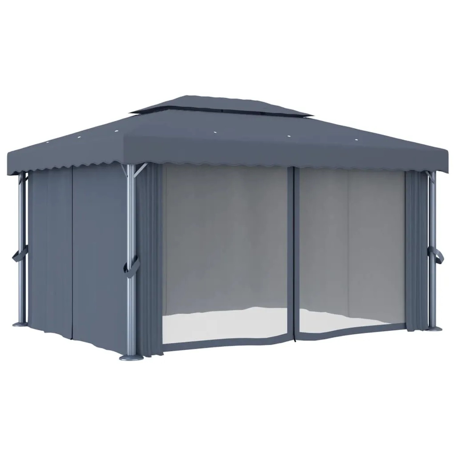 Anthrazitfarbener vidaXL Pavillon 4x3 m mit Vorhängen und LED-Lichterkette für Garten & Terrasse.