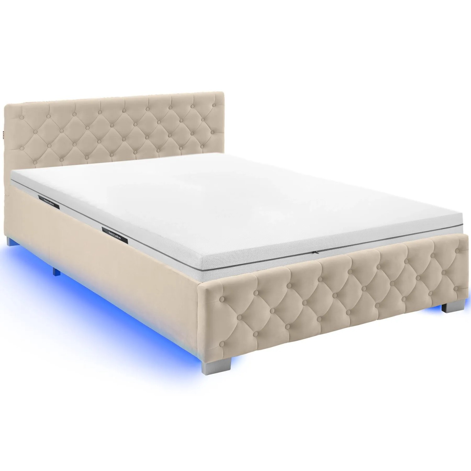 Tectake Bettset  Polsterbett In Samtoptik Mit Steppmuster Matratze Mit Komfortschaumkern  2 Härtegrade  H2   H3   215 x 148 x 83 cm Samtoptik Sand