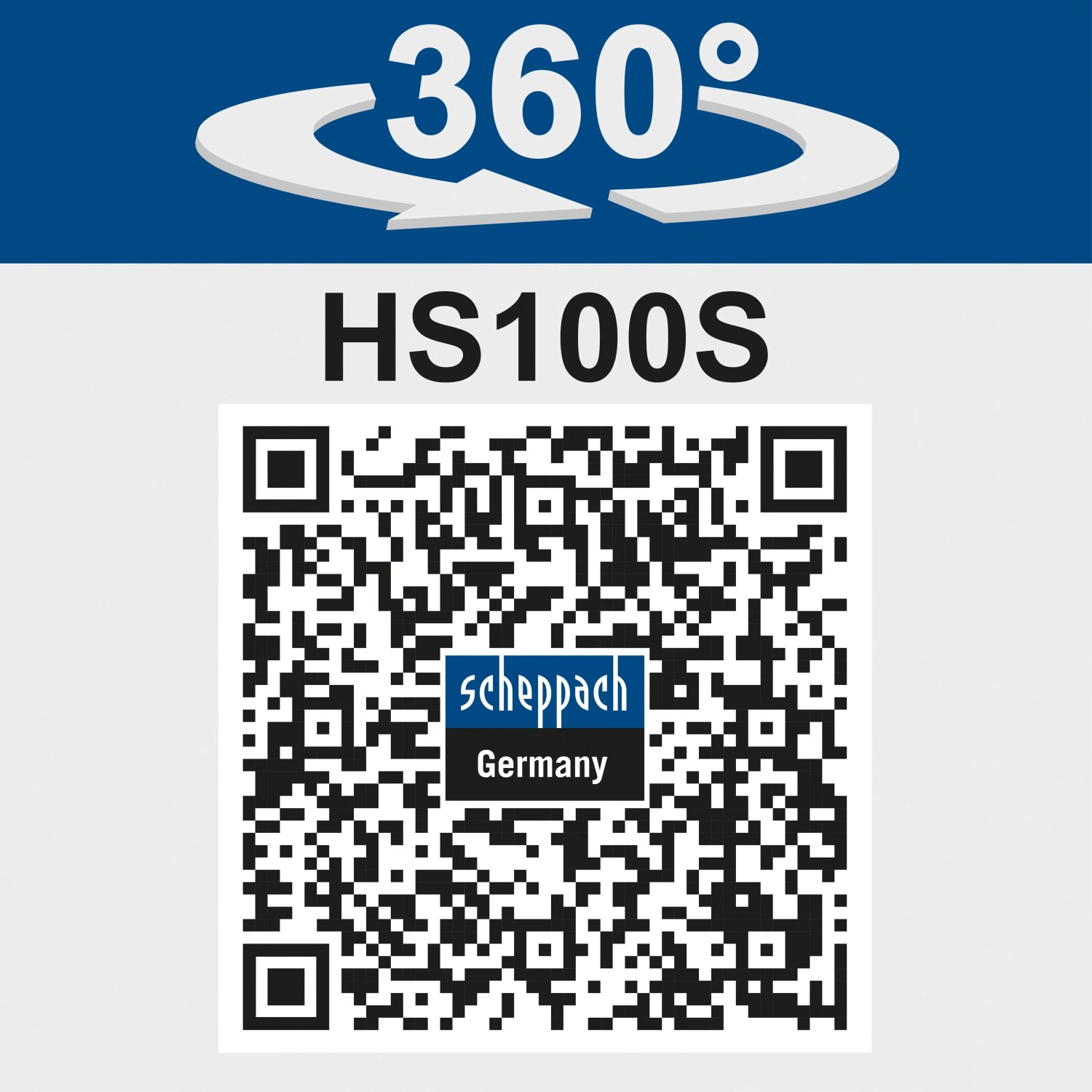 360° Ansicht der Scheppach HS100S Tischkreissäge mit QR-Code.