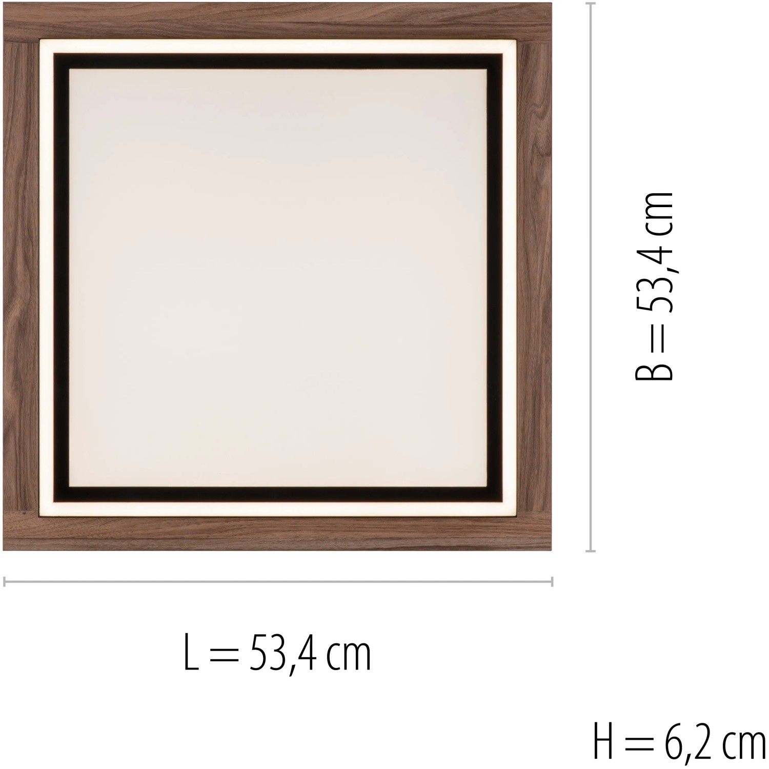 Quadratisches Paul Neuhaus LED-Panel Palma mit Holzdekor, 53,4x53,4 cm. Deckenleuchte mit Fernbedienung.