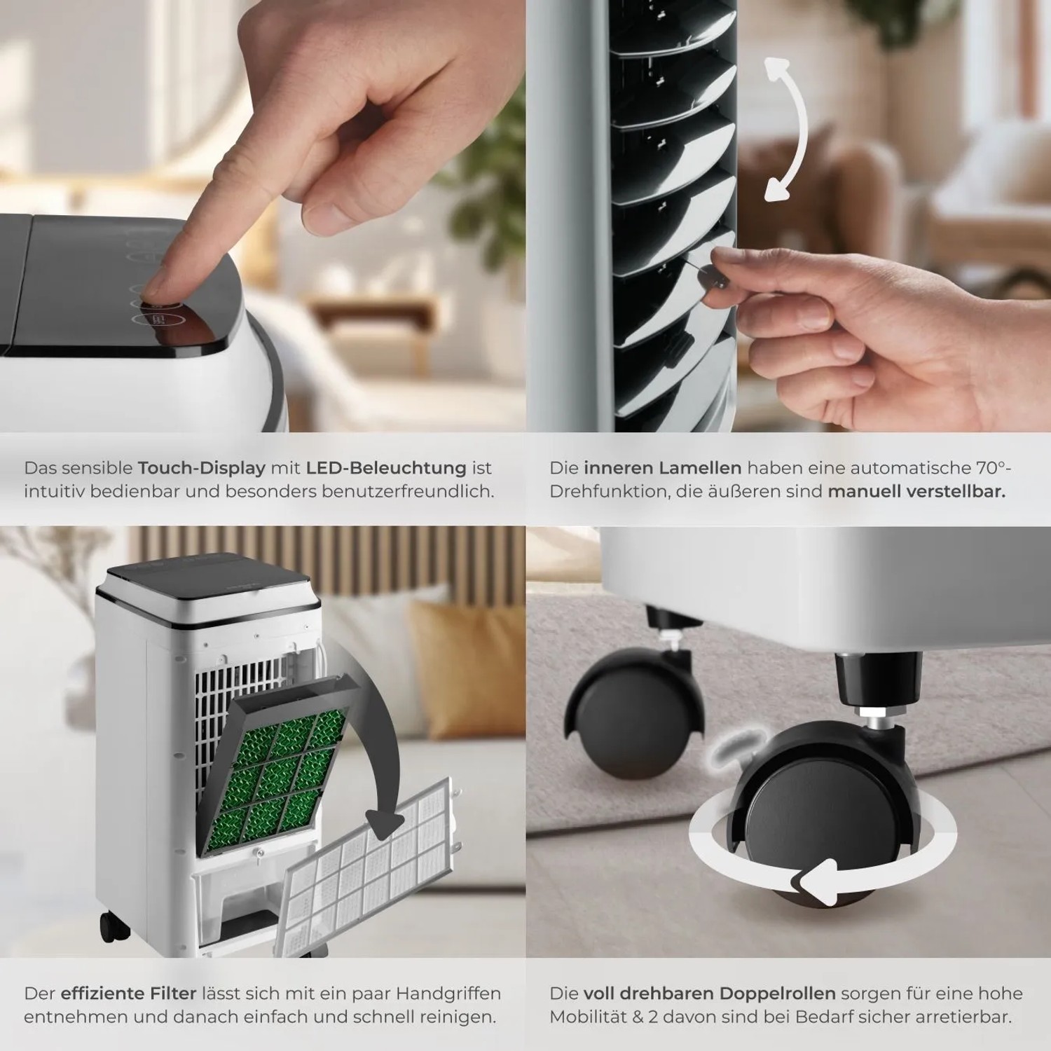 Weißes Tectake Klimagerät Notos Mobil mit Touch-Display, verstellbaren Lamellen, herausnehmbarem Filter & drehbaren Rollen.