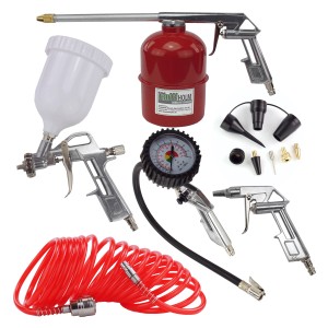 TRUTZHOLM Druckluft Set mit Reifenfüller, Ausblaspistole, Farbspritzpistole, Sprühpistole und Spiralschlauch.