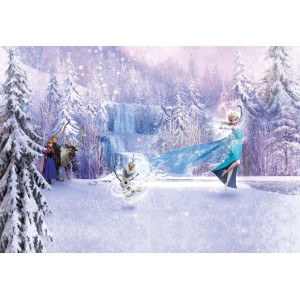 Disney Eiskönigin Fototapete mit Elsa, Anna, Olaf und Kristoff im Winterwald, lila und blau, 368x254 cm.