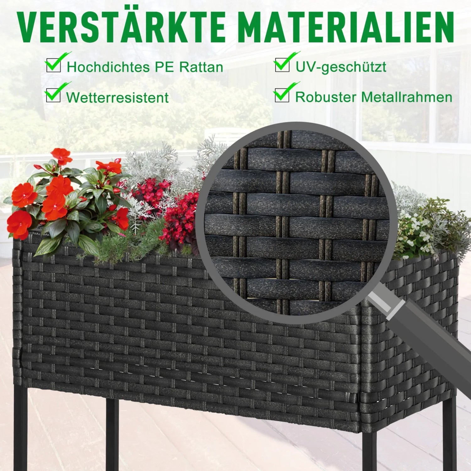 Outsunny Blumenkasten aus Rattan mit Füßen und Ablage, bepflanzt mit roten und weißen Blumen.